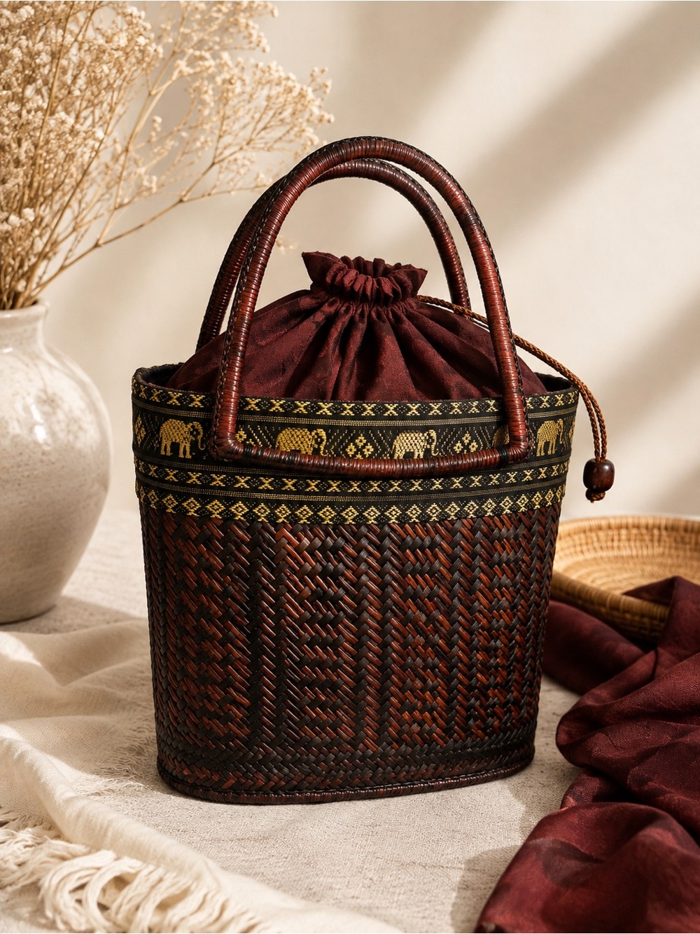 Woven Rattan Bucket Bag with Burgundy Drawstring